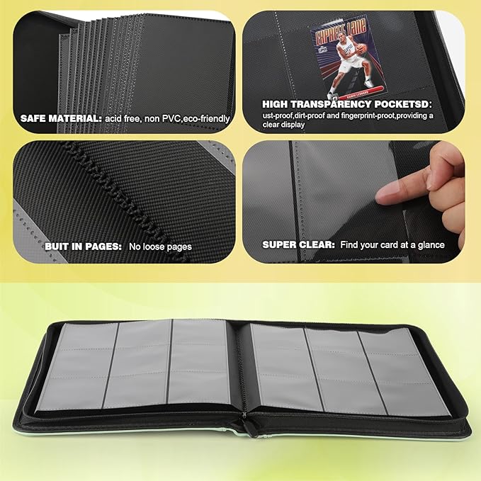 Trading Card Binder, Card Binder 9 Pocket for Trading Cards, Holds 540 Cards, Zippered Premium Card Collection Binder Album for Game Card, Sports Card, Yugioh, MTG (Soft Green)