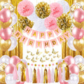 Pink and Gold Birthday Party Decorations for Women with Happy Birthday Banner,Curtains, Butterfly Wall,Circle Dots Garland,Tissue Pompoms,Paper Tassels Garland for Her