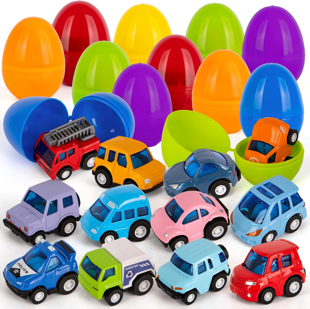 ArtCreativity Pre-Filled Easter Eggs with Diecast Vehicles for Hunt - 12 Emergency & Community Vehicles, Fire Trucks, Ambulances with Pull-Back Function - Easter Basket Stuffers
