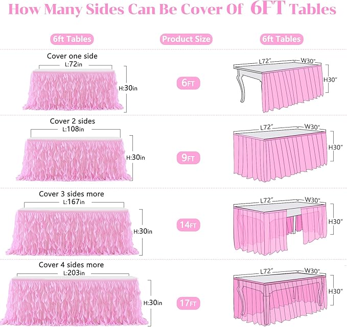 PARTISKY Pink Tulle Curly Willow Table Skirt for Rectangle Table 14ft, Ruffle Tutu Table Cloth for Girls Baby Shower,Birthday Party Candy Cake Tables