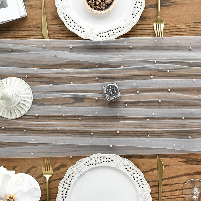 Artoid Mode Pearl Grey Gauze Table Runner 59x120 Inch , Seasonal Sheer Kitchen Dining Holiday Wedding Birthday Baby Shower Table Decor for Home Party