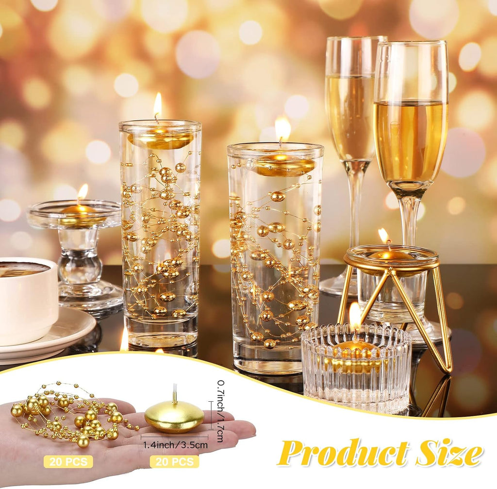Fumete 40 Pcs Gold Floating Candle & Pearl String Set: 20 Unscented Wax Tealights (1.5") & 20 Faux Pearl Chains (4.4ft), Elegant Vase Filler for Wedding Centerpiece, Bridal Shower & Gala Dinners Decor