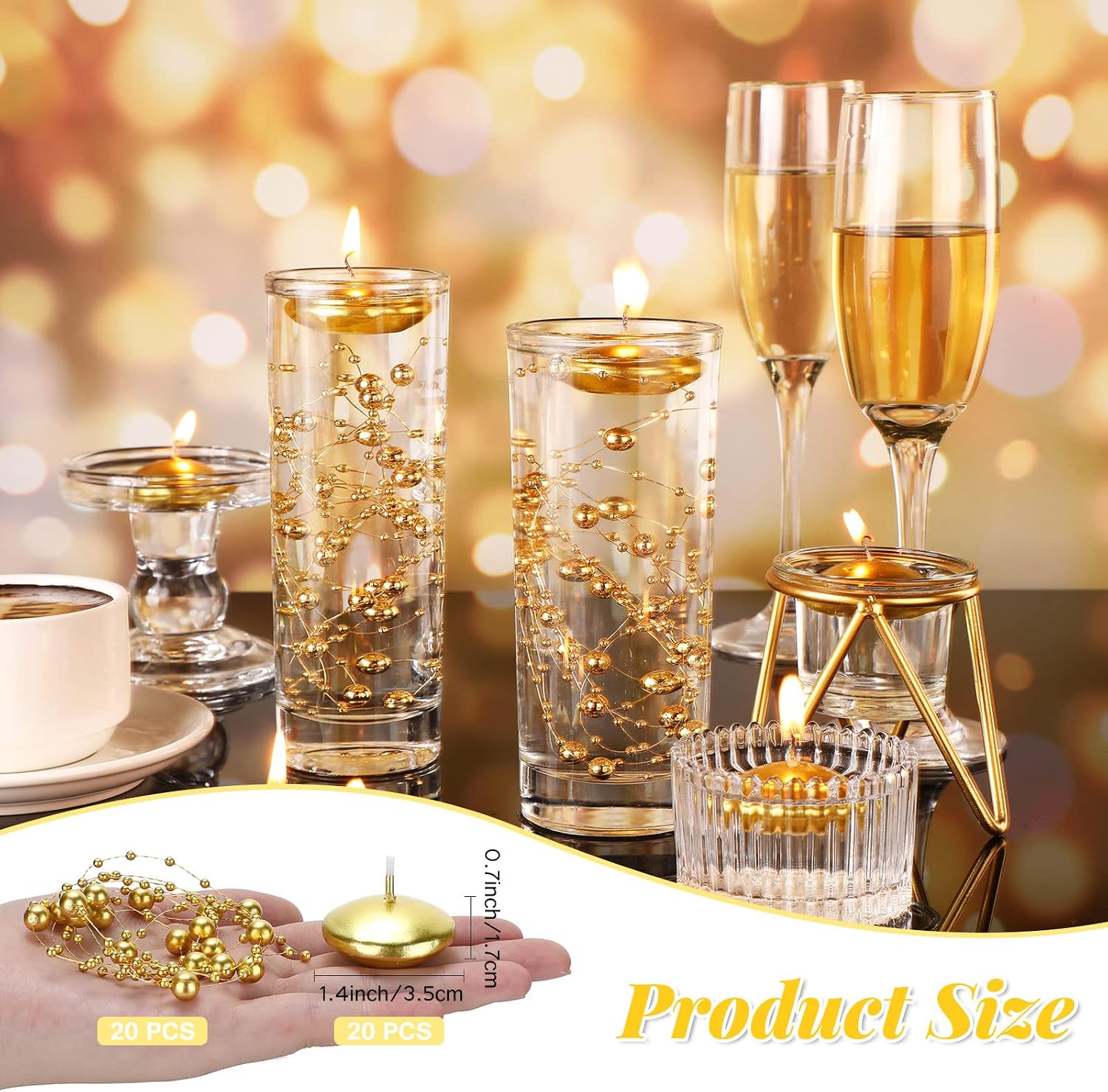 Fumete 40 Pcs Gold Floating Candle & Pearl String Set: 20 Unscented Wax Tealights (1.5") & 20 Faux Pearl Chains (4.4ft), Elegant Vase Filler for Wedding Centerpiece, Bridal Shower & Gala Dinners Decor
