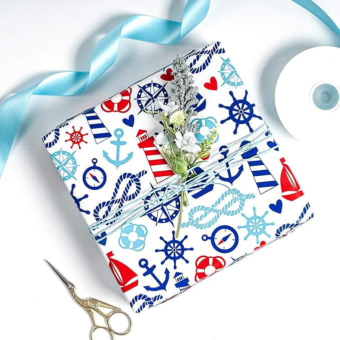 WRAPAHOLIC Nautical Anchors Wrapping Paper Roll - 17 Inch x 33 Feet - Nautical Element Anchor Design Perfect for Birthday, Nautical Beach Decoration, Baby Shower
