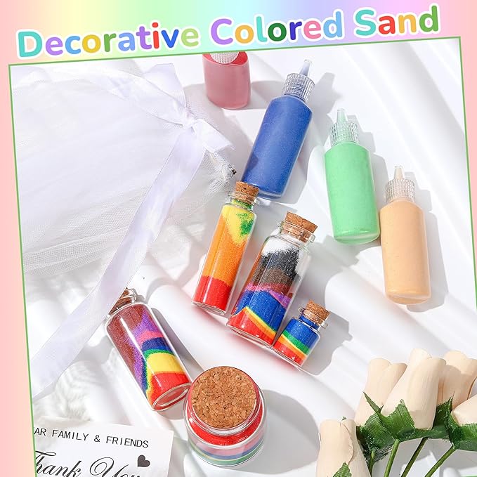Wettarn 60 Pcs 1.25 oz Sand Art Bottle Kits 60 Colors of Sand and Bottle for Rangoli Art Painting DIY Drawing Favor Diwali Wedding Decoration Vase Glass Crafty Collection (Multicolor)