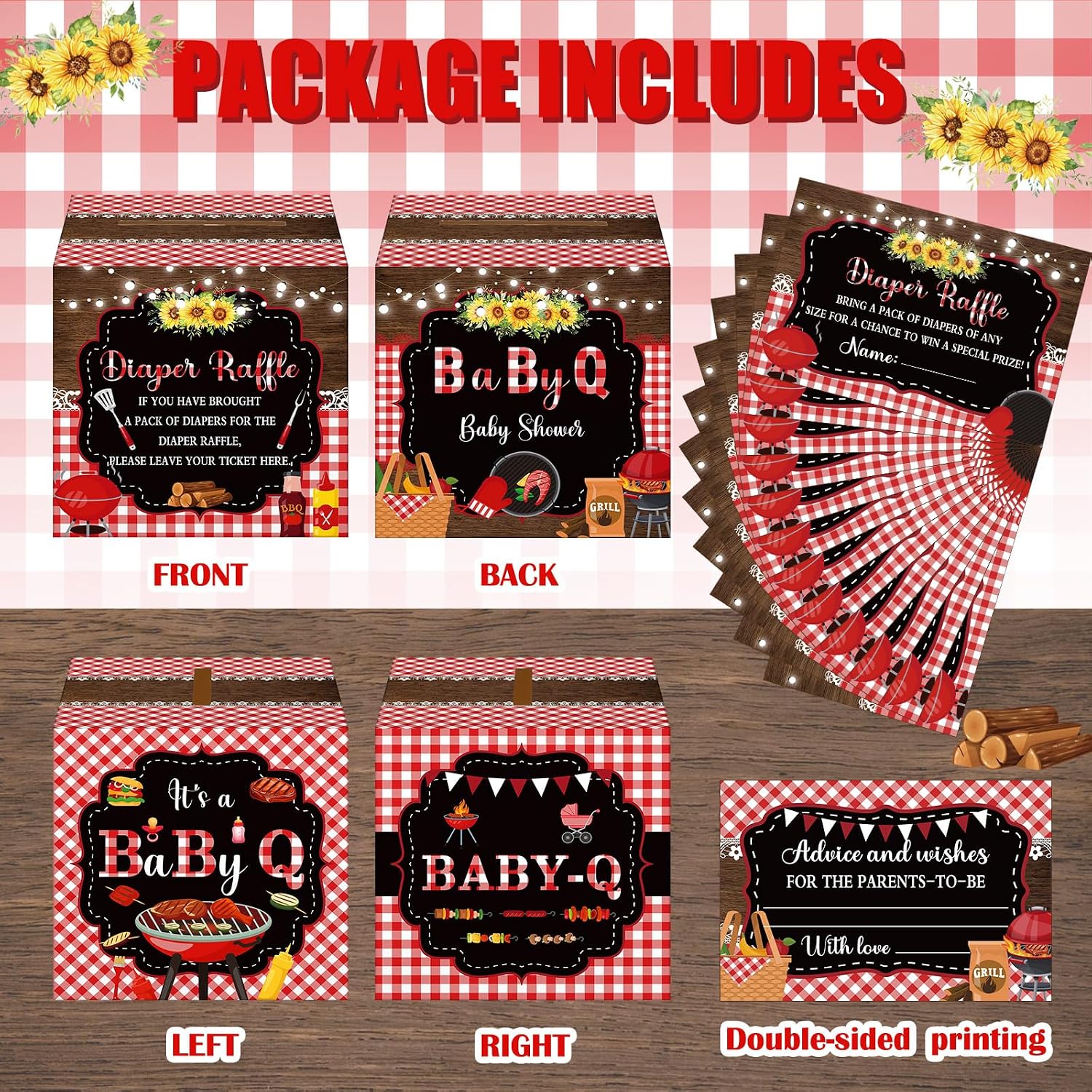 Teling 51 Pieces Diaper Raffle Tickets with Card Box Baby Shower Decorations Gender Reveal Holder Box for Girl Boy Diaper Raffle Party (BBQ Style)