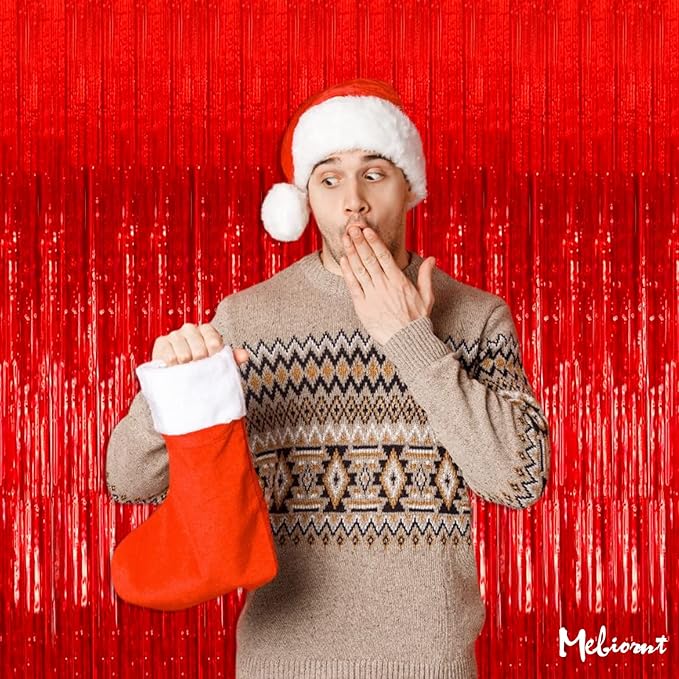 4 Pack Red Fringe Curtain Backdrop, 3.2Ft x 6.6Ft Metallic Tinsel Foil Fringe Streamers Curtains Background for Photo Booth Birthday Wedding Baby Shower Party Thanksgiving Christmas Decorations
