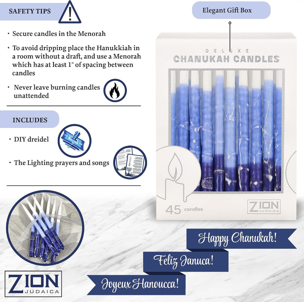 Deluxe Chanukah Candles for Menorah Set of 45 Multi Blue & White Frosted 1-Hour Decorative Hanukkah Candles Thin Tapered Candle with DIY Dreidel Prayer Song Card by Zion Judaica