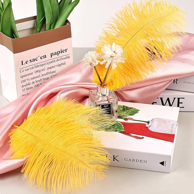 THARAHT Golden Yellow Ostrich Feathers 12pcs Natural Bulk 8-10Inch 20cm-25cm for Crafts Wedding Party Centerpieces Halloween and Home Decoration Feathers