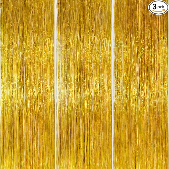 PartyWoo Gold Streamers Curtain Backdrop 3pcs Foil Fringe Curtain 8.2FT Gold Tinsel Fringe Backdrop Photo Booth for Bachelorette Baby Shower Graduation Wedding Birthday Anniversary Party Decorations