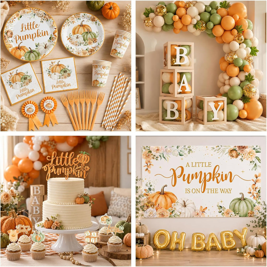 Little Pumpkin Baby Shower Decorations for Boy or Girl,275pcs Fall Baby Shower Plates and Napkins Cups Backdrop Tablecloth Topper Balloon for A Little Pumpkin Is On The Way Baby Shower Decorations
