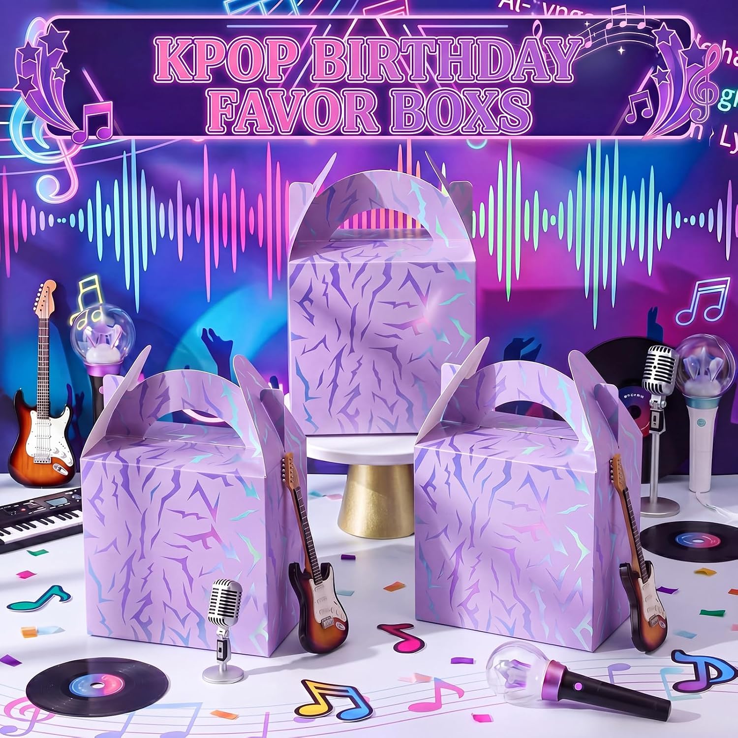 Sinload 24 Pcs Purple Kpop Theme Birthday Party Favor Treat Boxes Theme Gift Candy Boxes 6.1 x 3.9 x 8.3 in Cardboard Goodie Present Box for Birthday Party Baby Shower Movie Fans Supplies Decoration