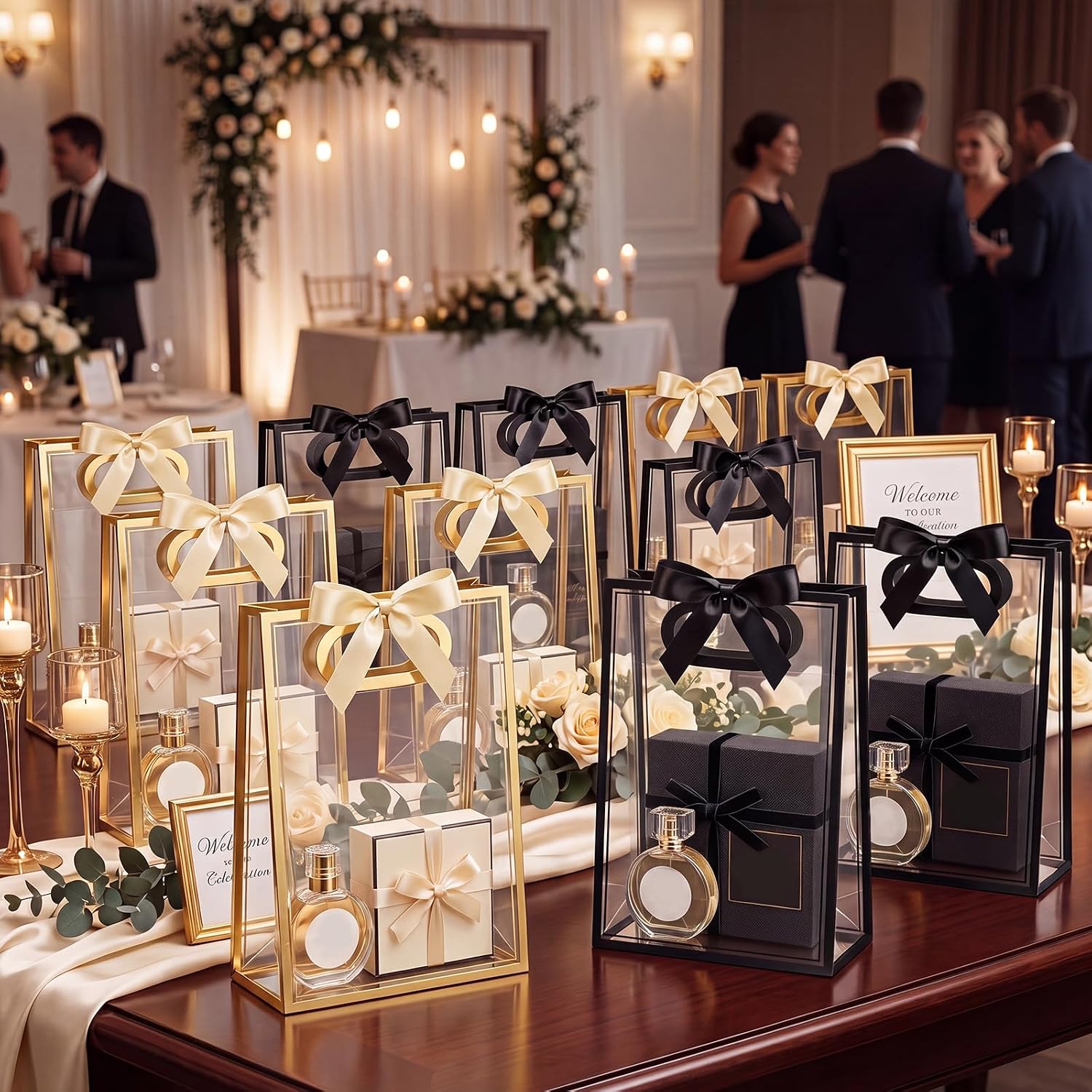 Mooliwe 24 Pcs Black Gold Gift Bags with Handles, Clear Plastic Gift Bags with Ribbons Reusable Tote Bag for Birthday Weeding Party Supplies Company Business Events