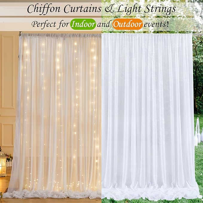 10ft x 7ft White Chiffon Backdrop Curtain with Lights String for Parites Wedding Wrinkle Free Curtain Photo Backdrops Drapes for Baby Shower Birthday Party Home Decorations