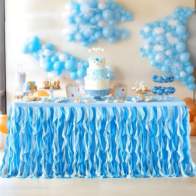 Partisky Ocean Blue Tulle Tutu Ruffle Curly Willow Table Skirt for Rectangle Table 17ft,Under The Sea Baby Shark Themed Table Cloth for Boys Girls Birthday Party or Baby Shower