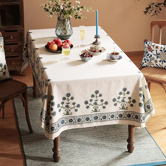 patdrea Designer Linen Vintage Long Blue Rectangle Tablecloth,Leaves Pattern Anti-Wrinkle Floral Table Cloth,Table Cover Cloth Decor for Kitchen Dining,Christmas,Thanksgiving,Party,63"x94"-Ivar B