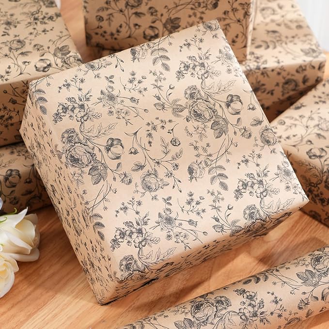 Ulmasinn Kraft Floral Wrapping Paper Roll - 17 Inches x 33 Feet - Vintage Black Floral Design with Cut Lines for Upscale Gifts, Birthday, Bridal Shower, Wedding, Mother’s Day, Valentine's Day