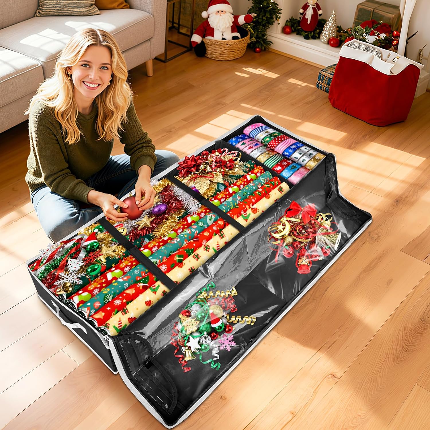 Wrapping Paper Organizer Storage, Christmas Wrapping Paper Storage for Christmas Decorations, Ribbon, Accessories, Underbed Gift Wrap Container with Flexible Partition, Interior Pockets(Black)