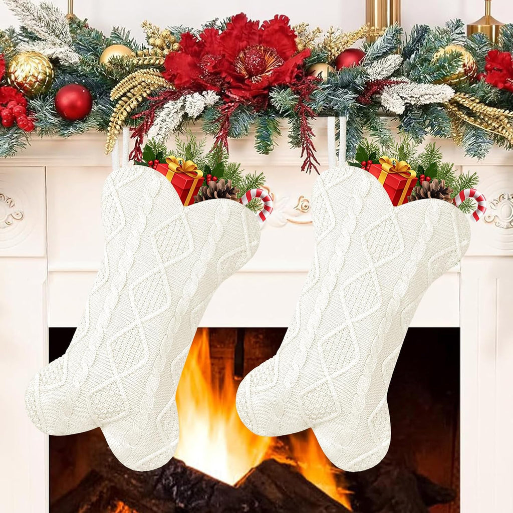 GOYOSWA 2 Pack Dog Christmas Stocking, 18 Inch Large Double Side Knitted Christmas Stocking for Dogs, Bone Shaped Hanging Dog Stockings for Dogs Pets (White & White)