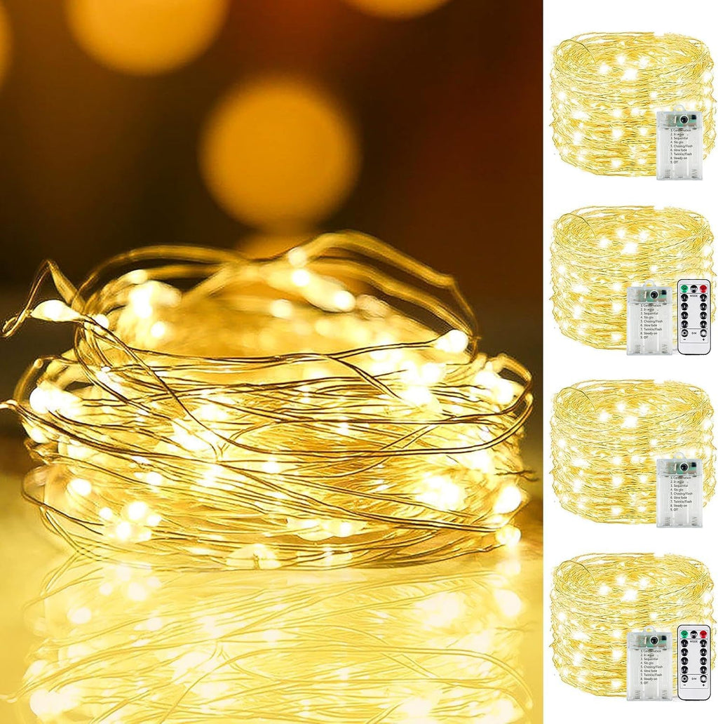 4Pack 80FT 240LED Fairy Lights Battery Operated with Remote & Timer | 8 Modes Twinkle String Lights Battery Powered Indoor Outdoor Waterproof for Bedroom Wedding Classroom Christmas Décor, Warm White