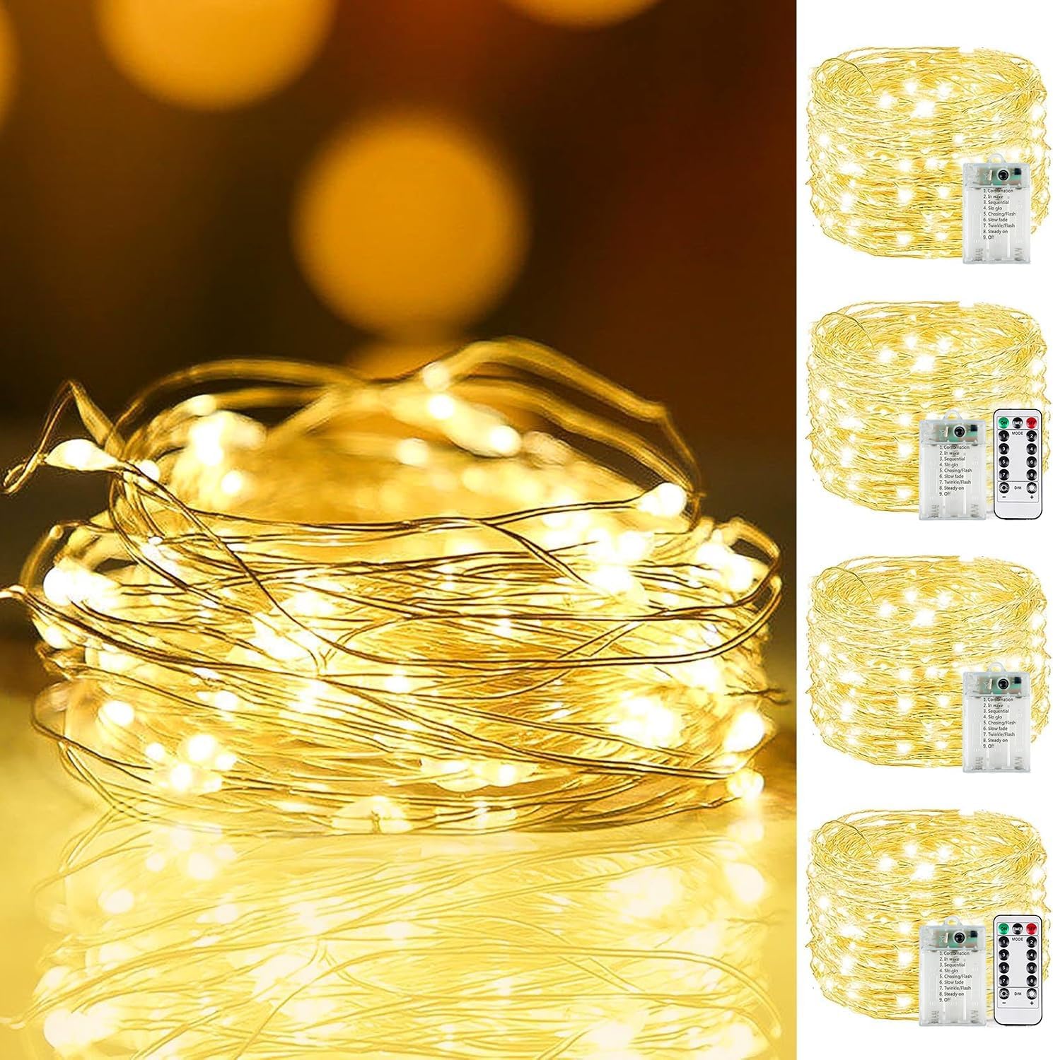 4Pack 80FT 240LED Fairy Lights Battery Operated with Remote & Timer | 8 Modes Twinkle String Lights Battery Powered Indoor Outdoor Waterproof for Bedroom Wedding Classroom Christmas Décor, Warm White