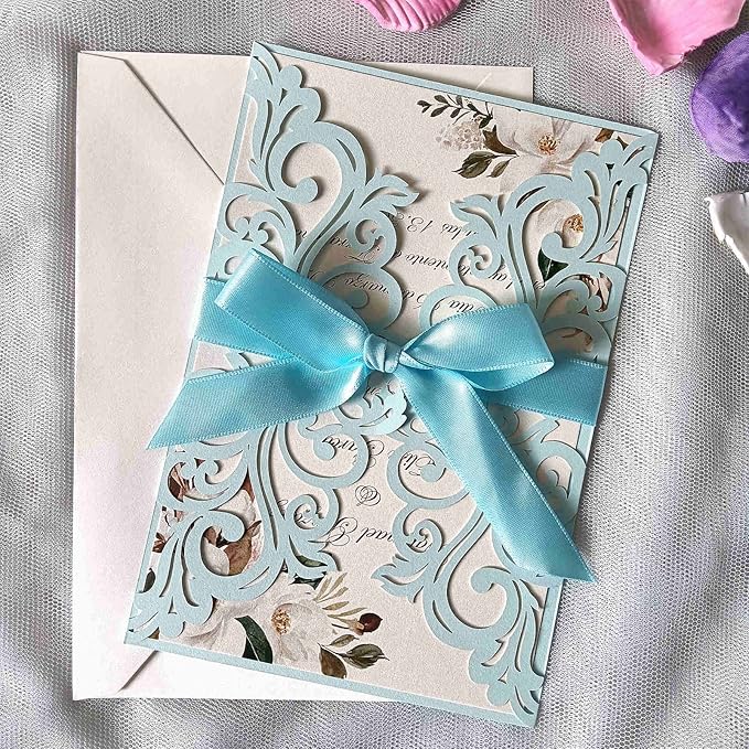 25PCS Light Blue Laser Cut Wedding Invitations Cards with Envelopes,Blank Inner Sheets,Ribbons for Wedding Bridal Shower Quinceanera Engagement Birthday Invites matte light blue B001