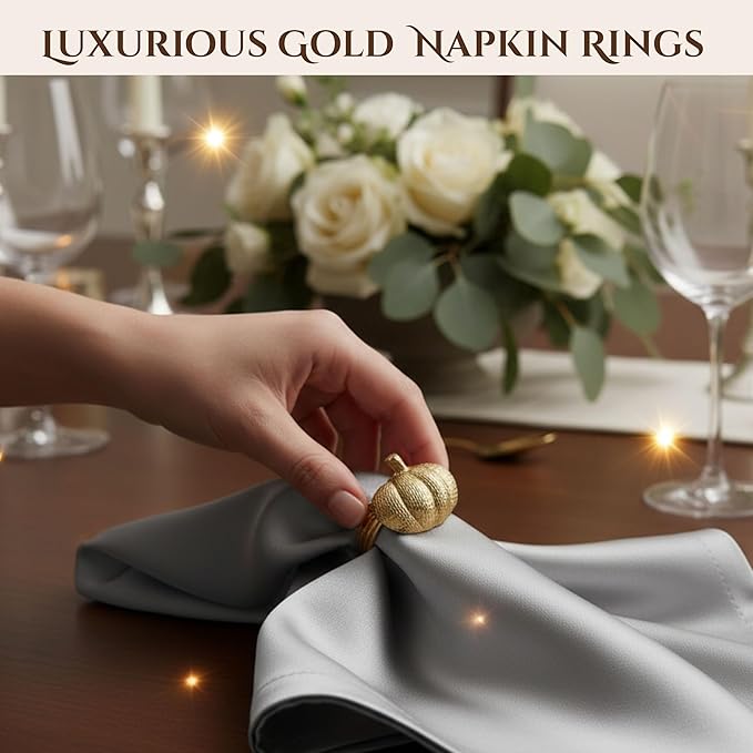 Set of 12 Pumpkin Napkin Rings | Premium Metal Fall Harvest Table Decor | Thanksgiving Dinnerware Holders, Autumn & Halloween Table Setting Accessories (Gold) - ALPHA Living HOME