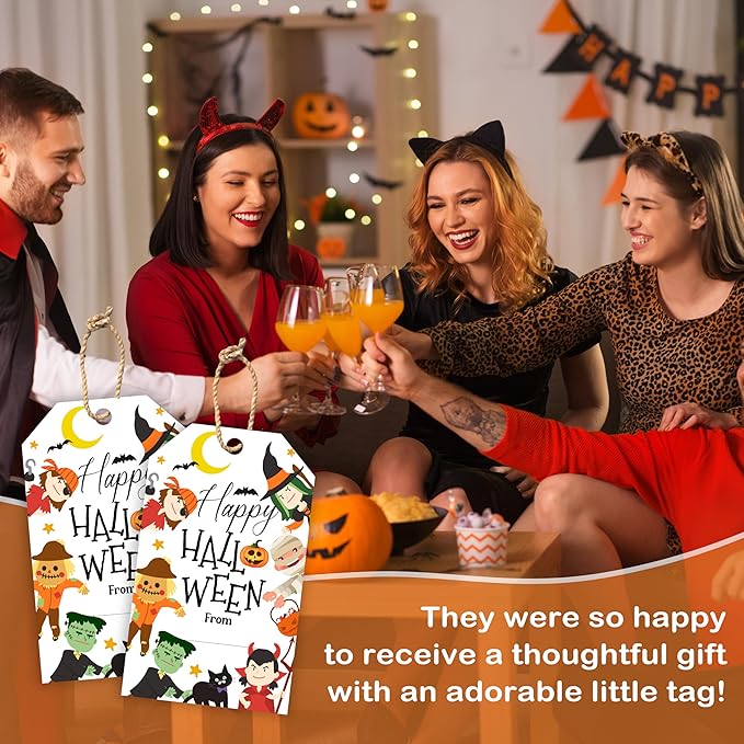 50 Pcs Halloween Tags with String, 2.1"×3.5" Pumpkin Paper Gifts Tags, Ghost Trick or Treat for Candy, Black Cat Happy Halloween Gifts Tag Wrap for Party Favor - B02
