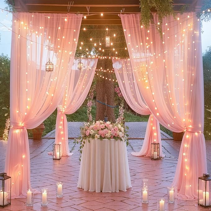 Wish Care 10ft x 10ft Baby Pink Chiffon Backdrop Curtain with Lights String for Parites Wedding Wrinkle Free Curtain Photo Backdrops Drapes for Baby Shower Birthday Party Home Decorations