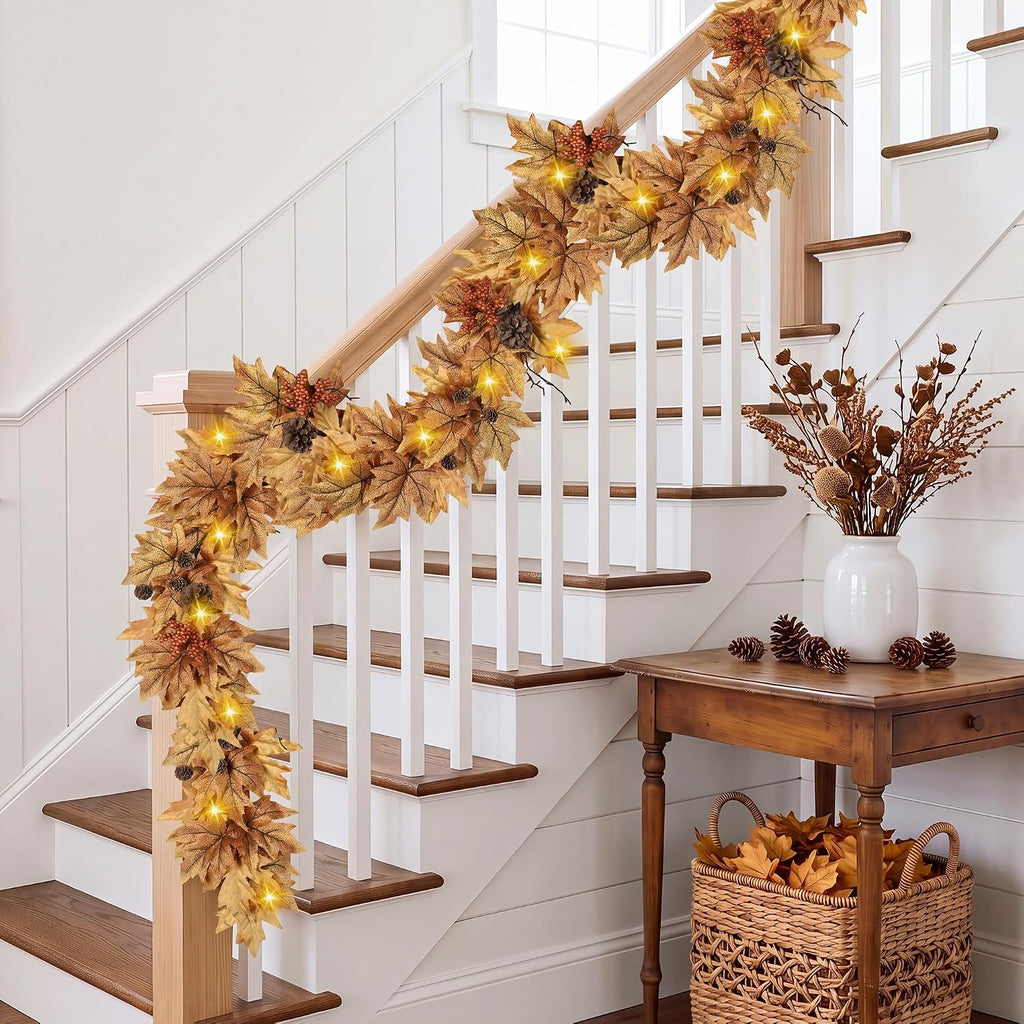 6ft lighted fall garland with 30 lights & on a desk or shelf