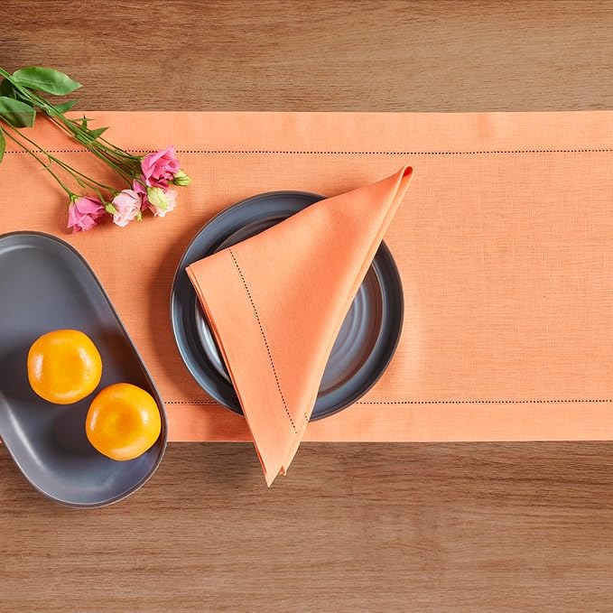 Solino Home Linen Coral Hemstitch Table Runner 60 Inches - 100% Pure Linen Small Table Runner 14 x 60 Inch Ideal for Dresser and Coffee Tables - Classic Hemstitch