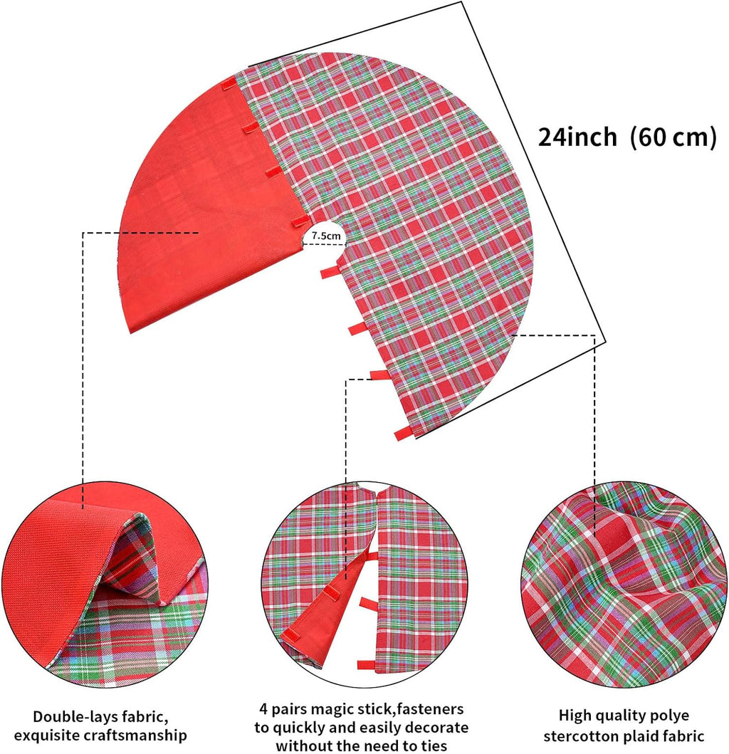 Buffalo Plaid Tree Skirt Cotton Linen Fabric Christmas Tree Skirt Mini 24 Inch for Xmas Holiday Check Tree Skirts Decorations (Red Blue Green)