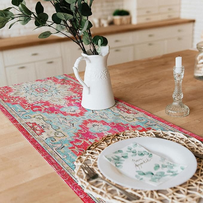 Snycler Table Runner Boho Table Runners Vintage Elegant Farmhouse Table Center Linen Decor for Home Dining Party Entrance (13x48 Inch) Boho-Pink