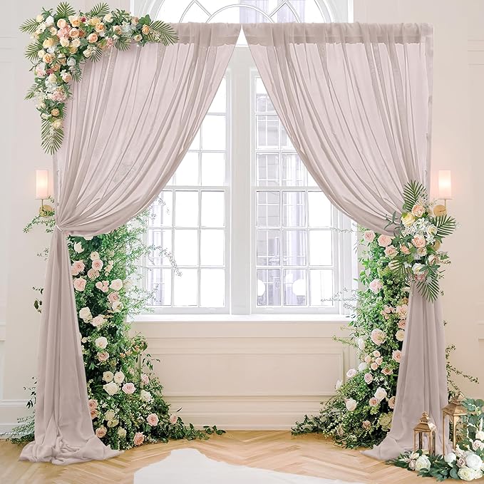PARTISKY 10ftx7ft Taupe Chiffon Backdrop Curtains, Wrinkle-Free Sheer Fabric Photo Drapes for Wedding Ceremony Arch Birthday Baby Shower Photography Stage Decor 5ft x 7ft, 2 Panel