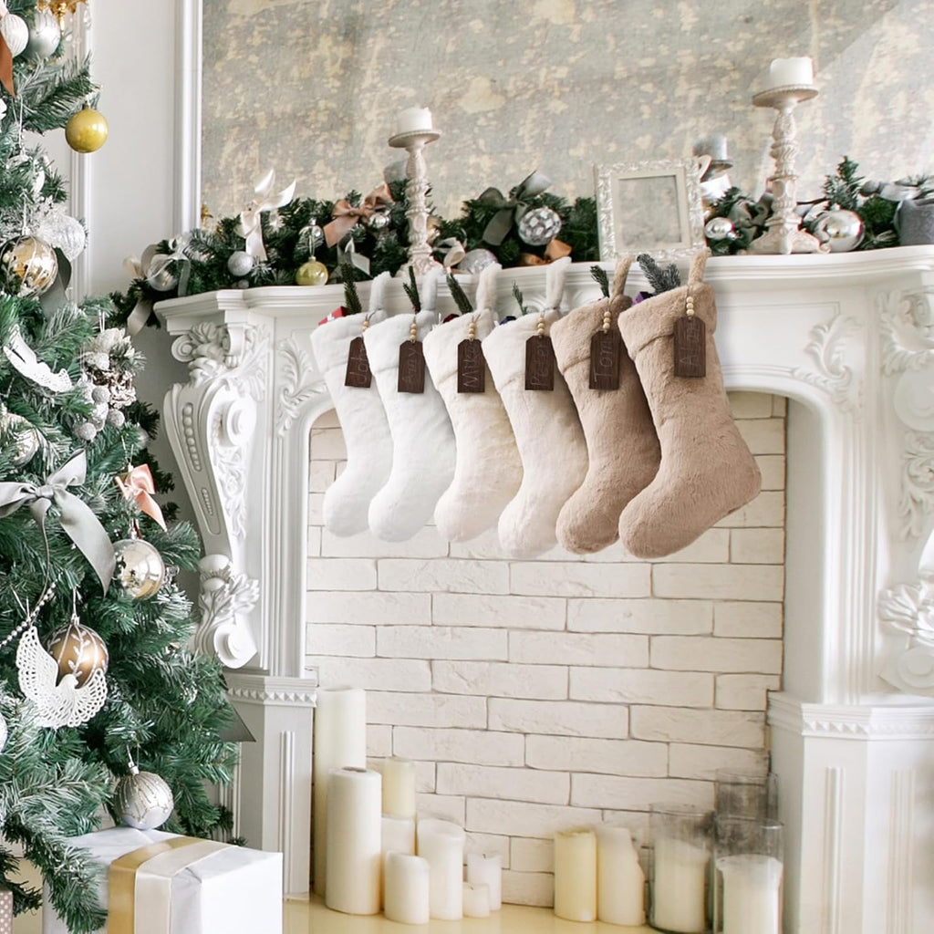 Shinymoon 6 Pcs 18 Inch Neutral Plush Faux Fur Christmas Stocking with Wooden Name Tags, Personalized Luxury Thick Fuzzy Xmas Stocking for Fireplace Mantel Stair Railings Holiday Party Decor