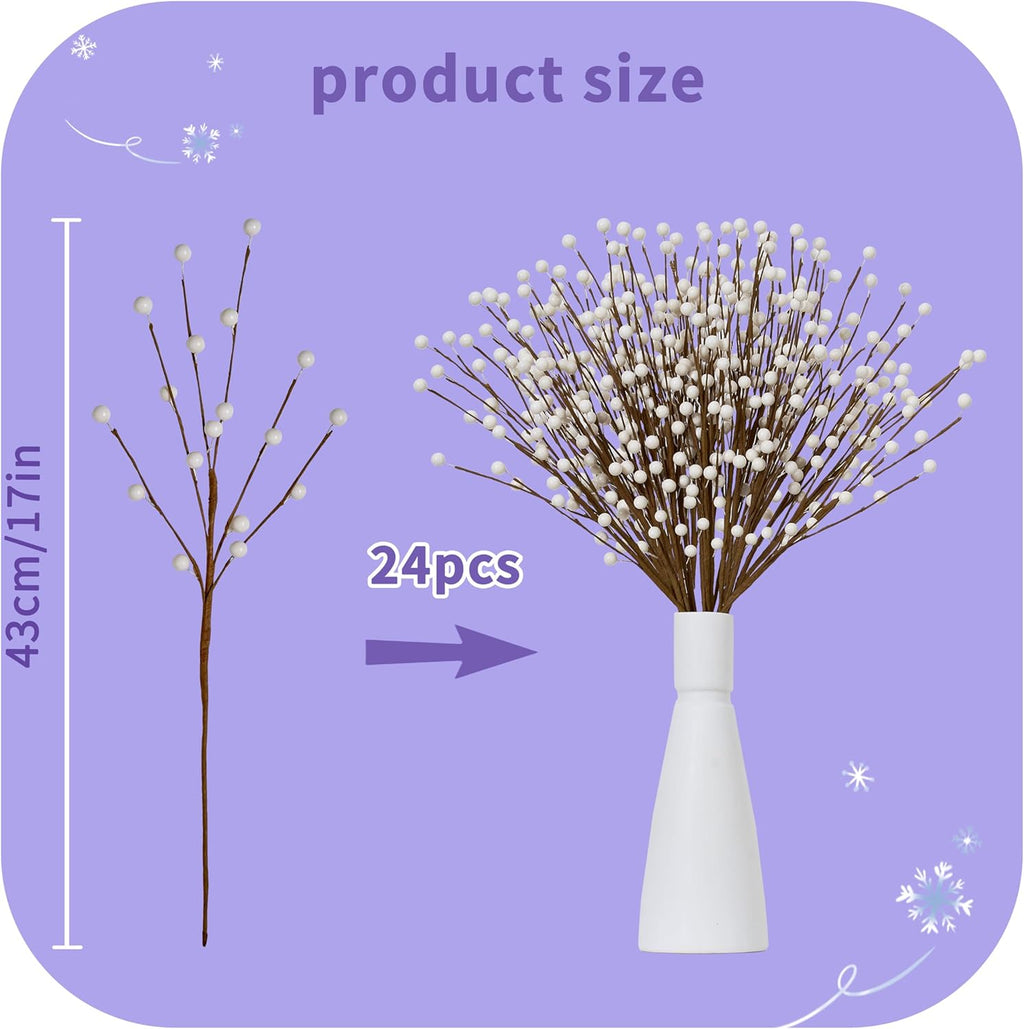 Winter Decorations 24 Pcs Artificial Berry Stems 17inch White Berry Picks for Christmas Holiday Flower Arrangements Home Centerpieces DIY Ornaments