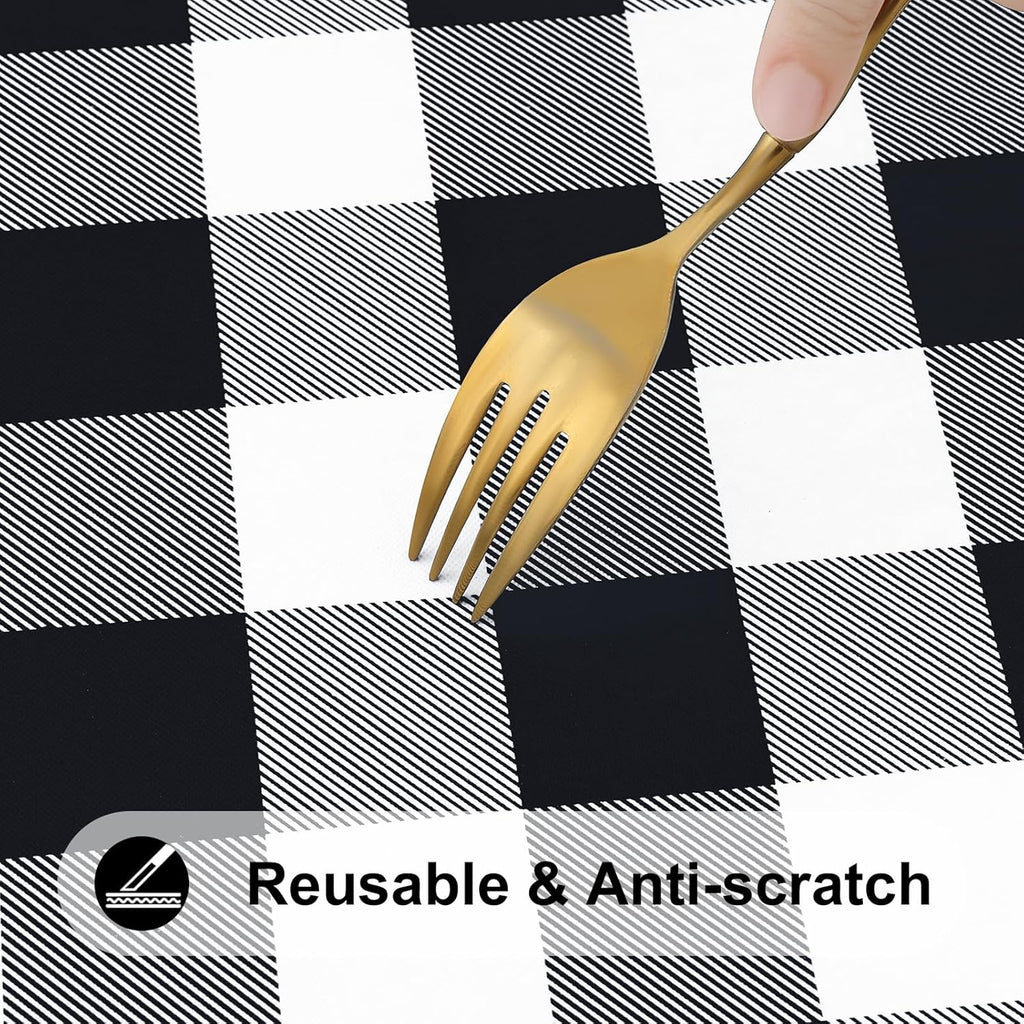 Smiry Rectangle Picnic Table Cloth, Elastic Waterproof Fitted Vinyl Tablecloths, Flannel Backed Buffalo Plaid Table Covers for Dining, Camping, Outdoor (Black and White, 30" x 72")
