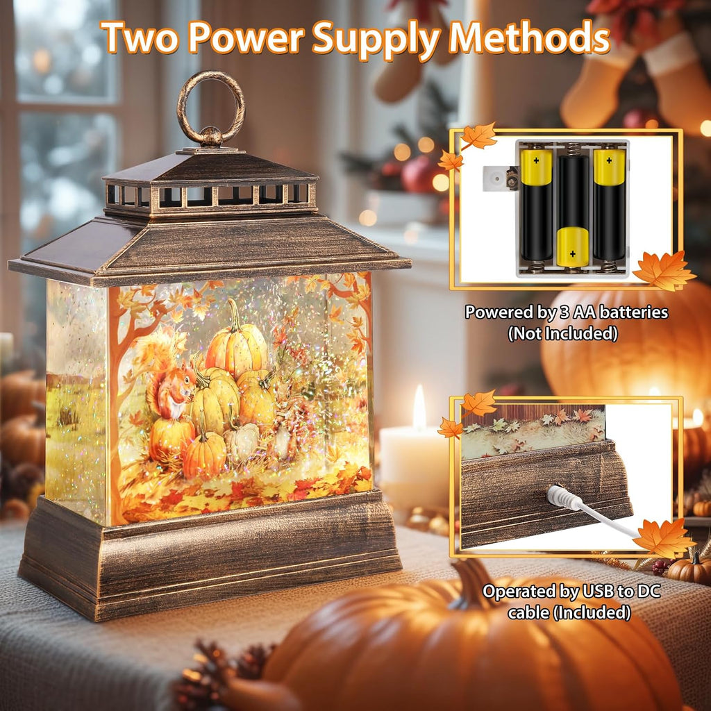 Fall Snow Globe Lantern Thanksgiving Pumpkins and Squirrels Water Lantern with Swirling Glitter 6H Timer Remote Control Fall Decorations for Home Thanksgiving Autumn Harvest (Pumpkin and Squirrel)