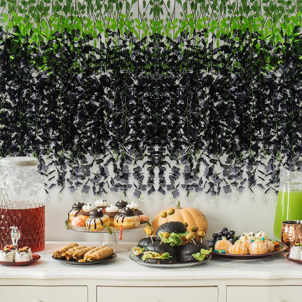wisteria hanging flowers, black artificial flowers, side view