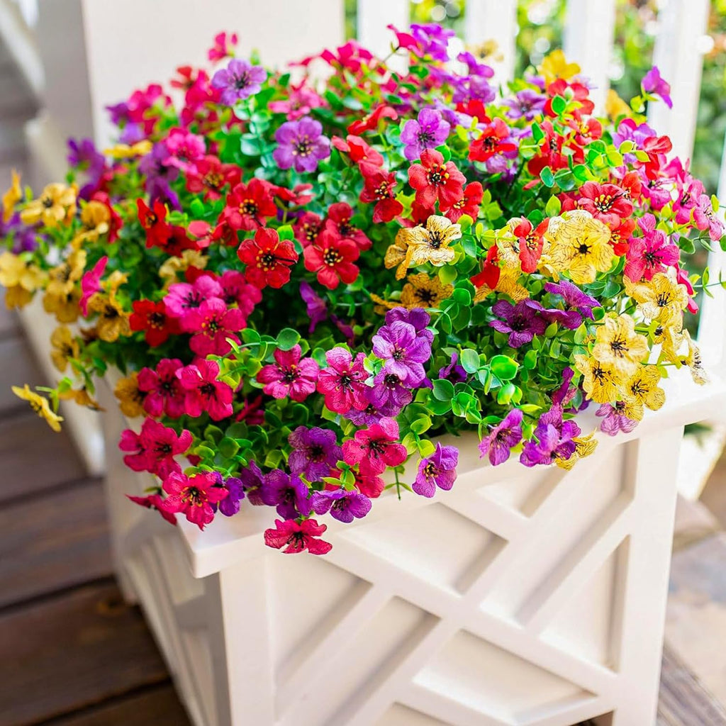 florisso Artificial Flowers for Outdoors Daisy 12 Bundles for Home Decoration, Faux Flower Fake Plants Outside Decoration with Eucalyptus UV Resistant for Planter Porch Patio Yard Garden Colorful