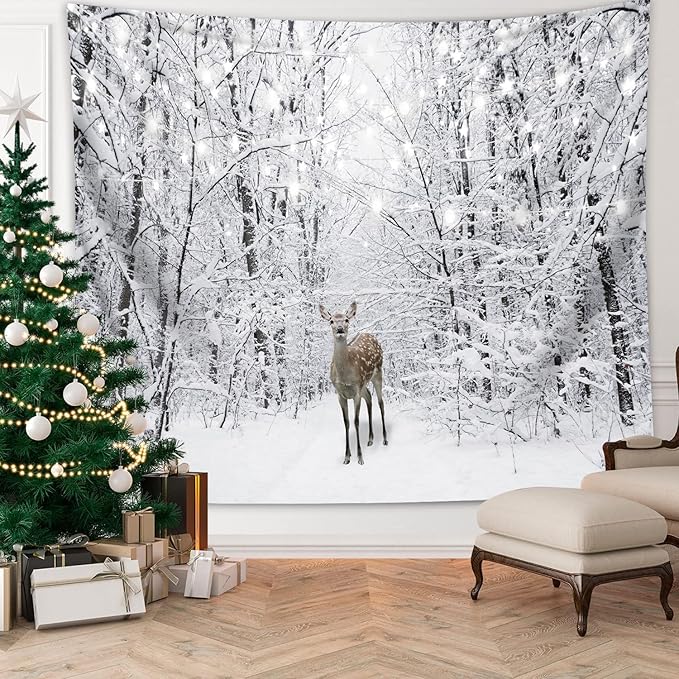 QGHOT Winter Tapestry Wall Hanging Snow Scene Backdrop Winter Wonderland Wall Decor Snowy Forest Wall Art Nature Woodland Deer Tapestry for Bedroom Room Dorm Party Decoration