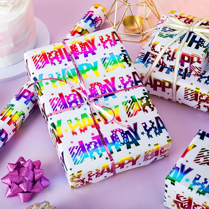 Yarcony Birthday Wrapping Paper Roll, Gift Wrapping Paper, Colorful Foil Girl Happy Birthday Gift Wrap Rainbow Present Paper for Kids Boys Girls, Holiday,Party,Baby Shower(17 Inch X 33 Feet)