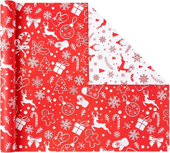 Christmas Gift Wrapping Paper Rolls,3 Rolls 17inches x 198inches Reversible Gift Wrapping Paper, Red Gold White Wrapping Paper, Snowflakes, Stripes, Plaid, Santa hat, Christmas decorations