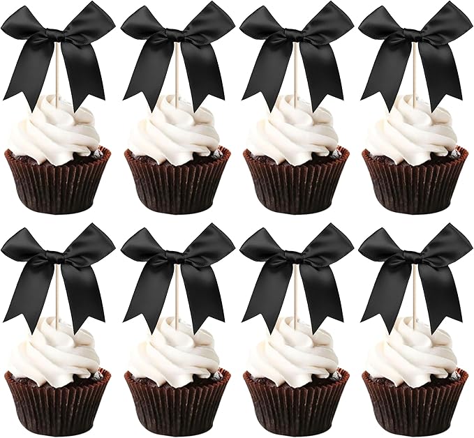 24 PCS Bow Cupcake Toppers Bowknot Cake Toppers Bow Cupcake Picks Bowknot Birthday Party Decorations Bow Cake Dessert Picks for Wedding Bridal Engagement Baby Shower Birthday Party Supplies Black