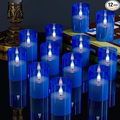 12Pack Flickering Flameless LED Candles with Timer, Battery Powered - Small Pillar & Votive, Acrylic Made, Blue (2"X3")
