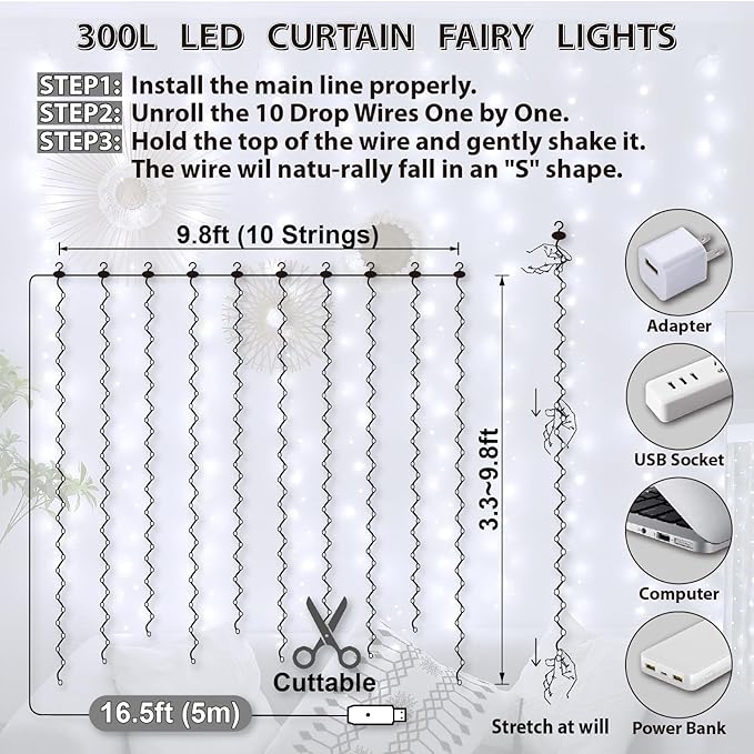HXWEIYE 300LED Fairy Curtain Lights, 9.8x9.8Ft USB Plug-in 8 Modes Christmas String Hanging Lights with Remote for Bedroom Backdrop Wedding Party Indoor Wall Decor, White