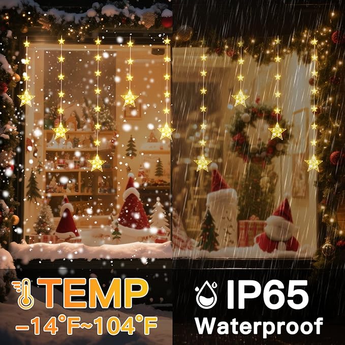 Rechargeable Stars Christmas Window Lights, IP65 Waterproof 90 LEDs 54 Stars Hanging Curtain Lights with 3 Timer Modes, Warm White Christmas Star Decoration for Indoor Outdoor Xmas Home Party Decor
