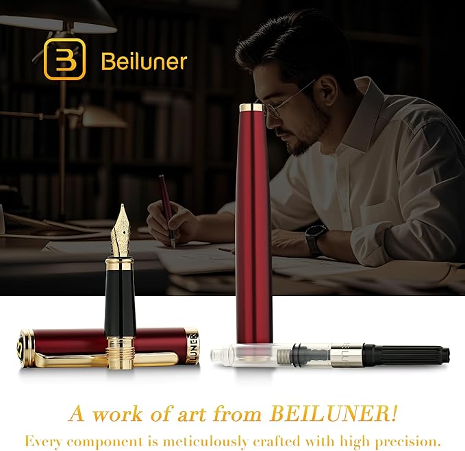 BEILUNER Red Fountain Pen,Stunning Luxury Pens with 24K Gold Finish, Gorgeous 24K Gilded Nib(Medium), Fancy Pen Gift for Men&Women -Ink Converter-Elegant,Professional,Office,Nice Pen for Writing