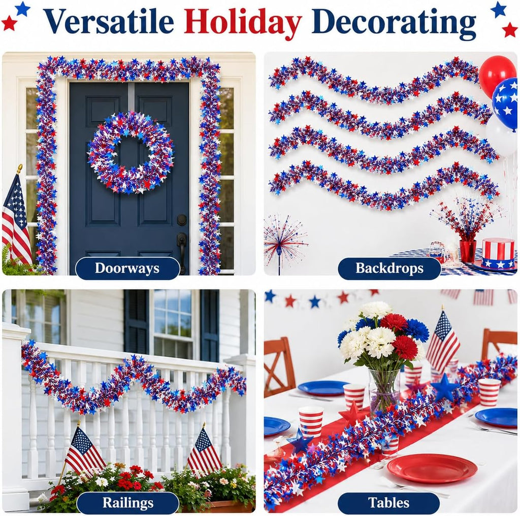 RAINFLOW Patriotic Tinsel Garland 4th of July Decorations - 5 Pack 32.8FT Red White Blue Star Metallic Decor for Parade Golf Cart Car Tree Party Outdoor Independence Day Memorial Day