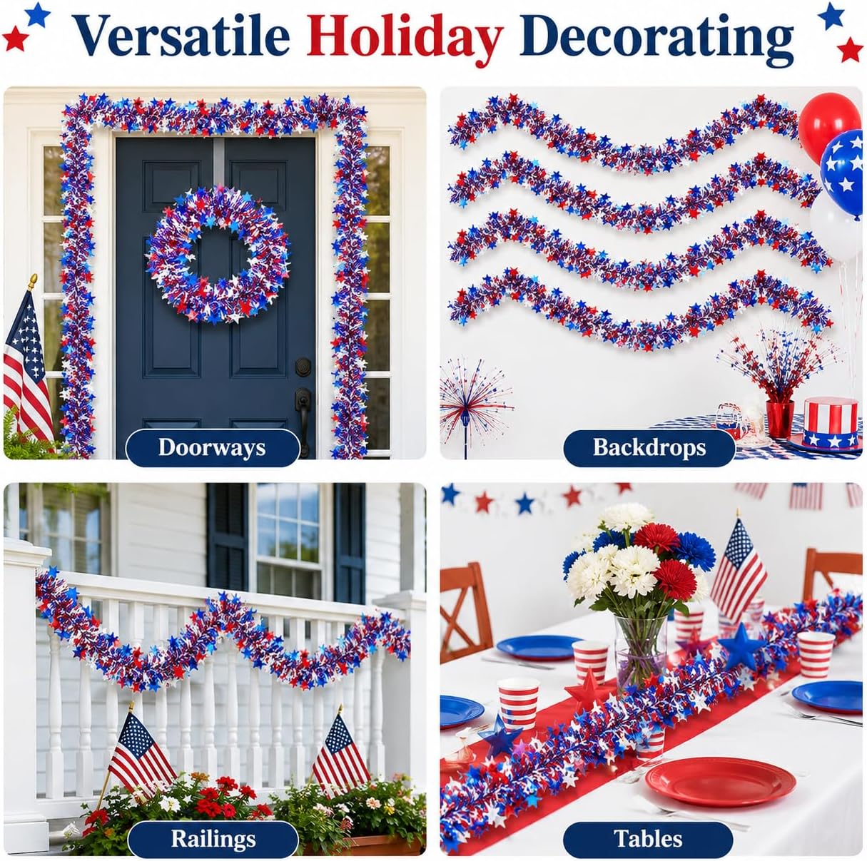 RAINFLOW Patriotic Tinsel Garland 4th of July Decorations - 5 Pack 32.8FT Red White Blue Star Metallic Decor for Parade Golf Cart Car Tree Party Outdoor Independence Day Memorial Day